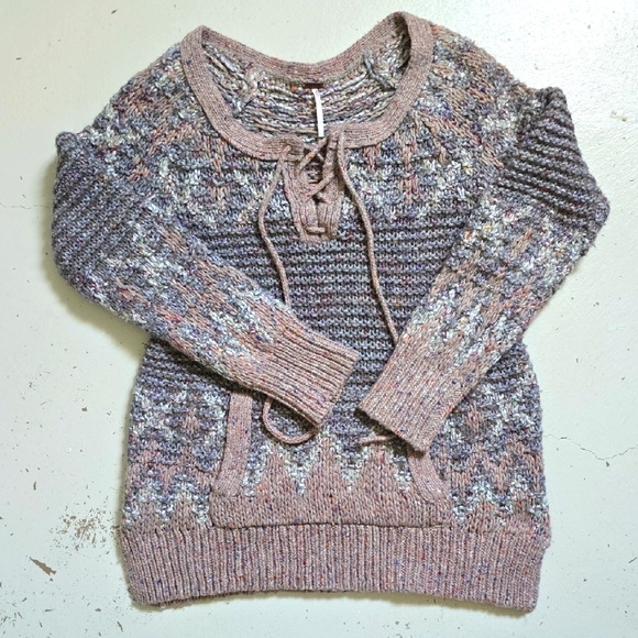 Free People Mauve Love Bug Wool Blend Lace Up Nordic Sweater Size Small - Picture 1 of 7